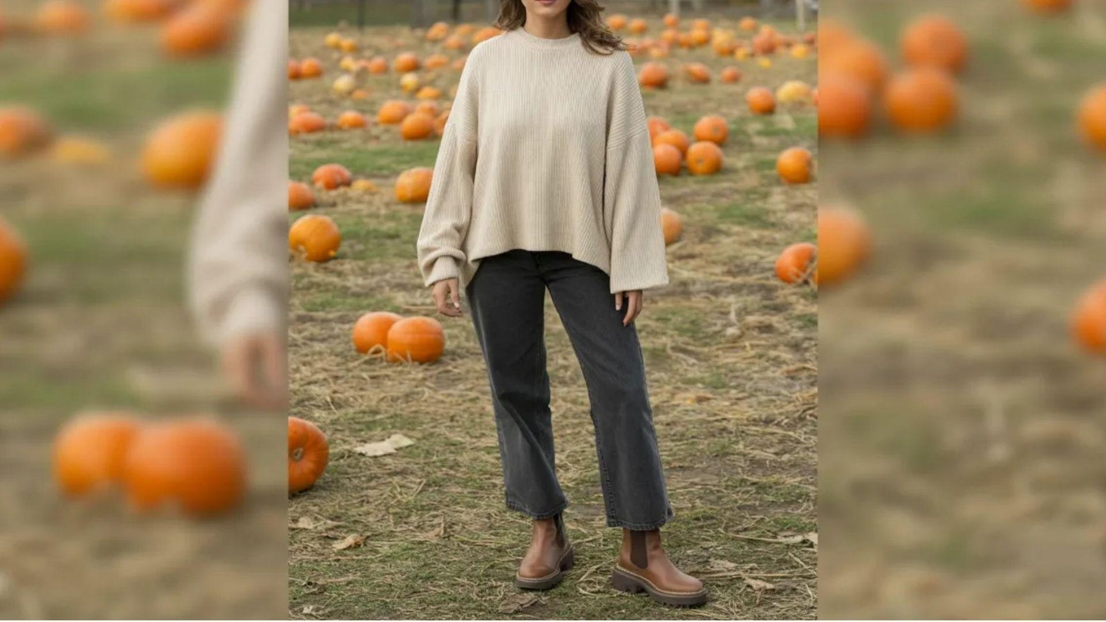  A woman in a sweater and pants stands among pumpkins in a vibrant field, enjoying the autumn scenery.