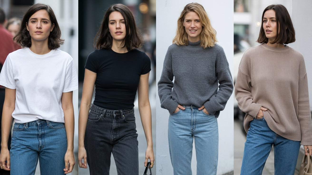 Four women dressed in casual jeans and t-shirts stand together, smiling and enjoying each other's company.
