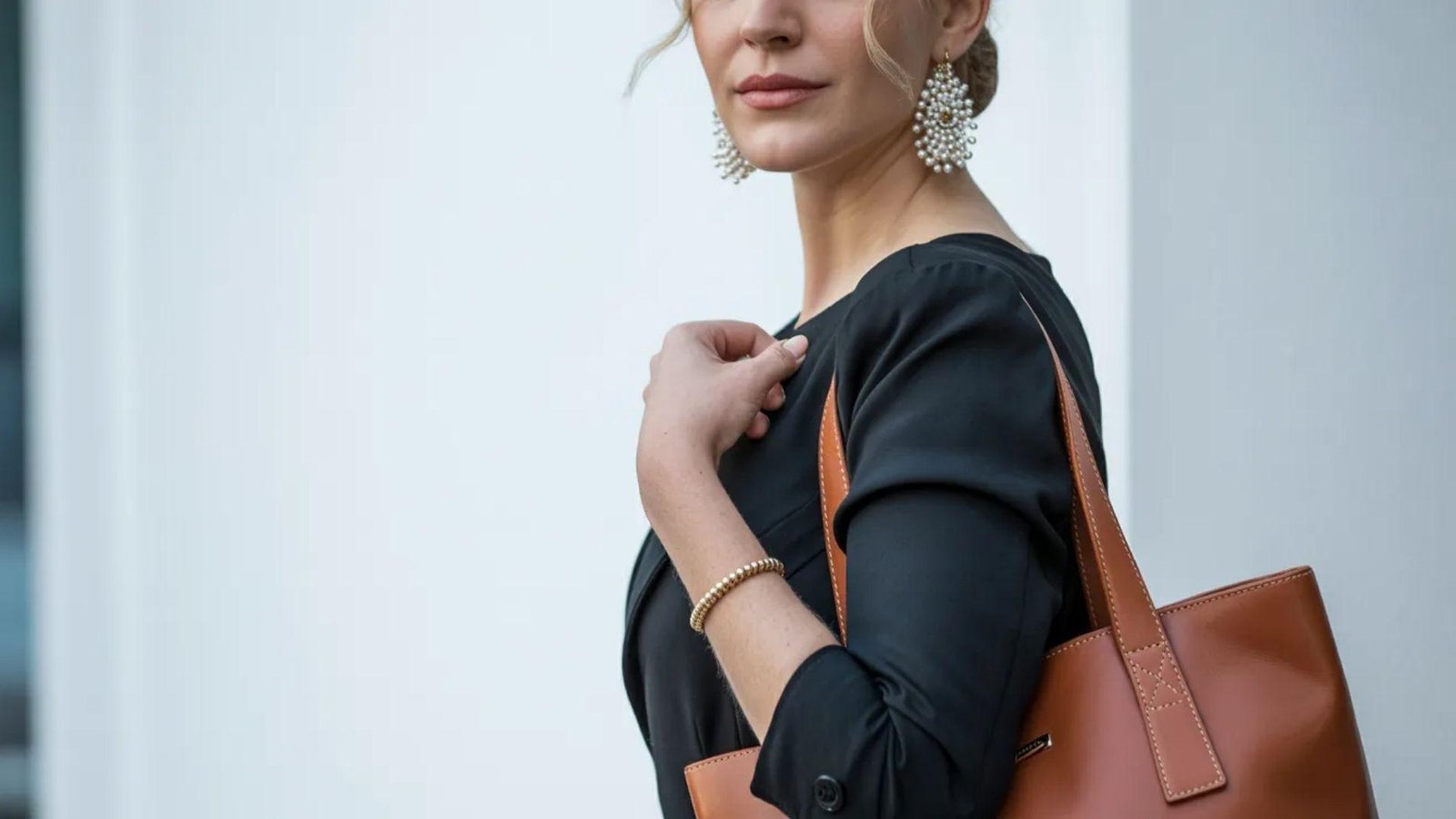 A woman in black and white holds a brown leather bag, showcasing a stylish and classic look.