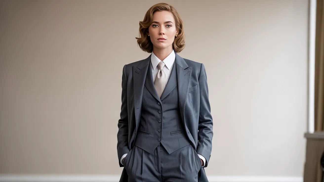 A woman in a suit and tie stands confidently in a well-lit room, exuding professionalism and poise.