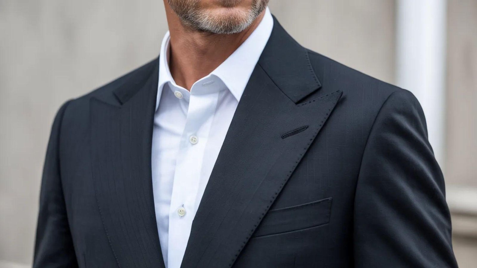 A man in a suit and tie stands outside, smiling confidently against a blurred urban background.