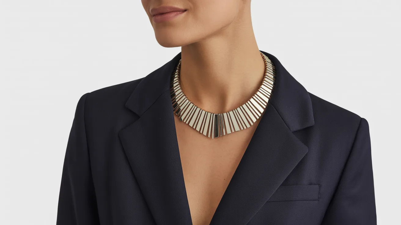 A woman in a tailored suit and elegant necklace, exuding professionalism and style.
