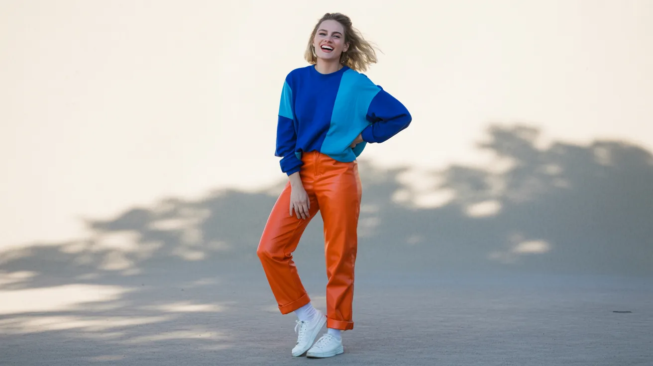 A woman wearing an orange and blue sweater paired with blue pants stands confidently, showcasing her stylish outfit.