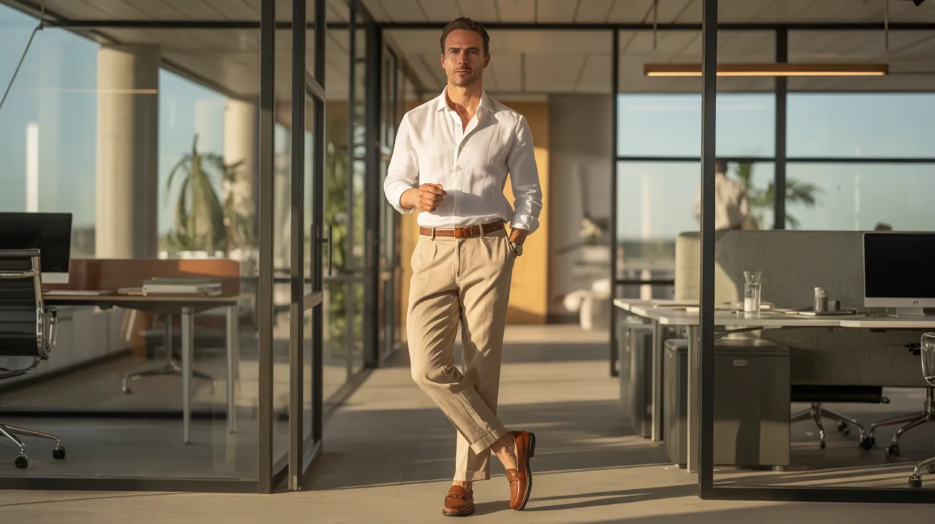 A man wearing a white shirt and khaki pants poses in an office environment, surrounded by office furniture.