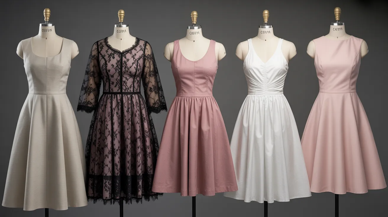  Five stylish dresses displayed on mannequins, showcasing a variety of colors and designs in a fashion boutique setting.

