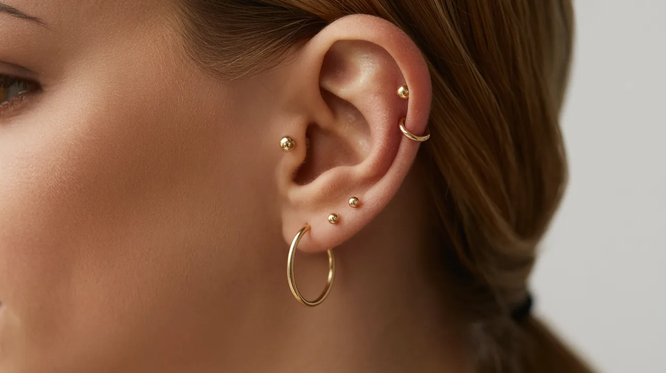A woman wearing gold earrings and a gold hoop, showcasing her elegant style and accessories.