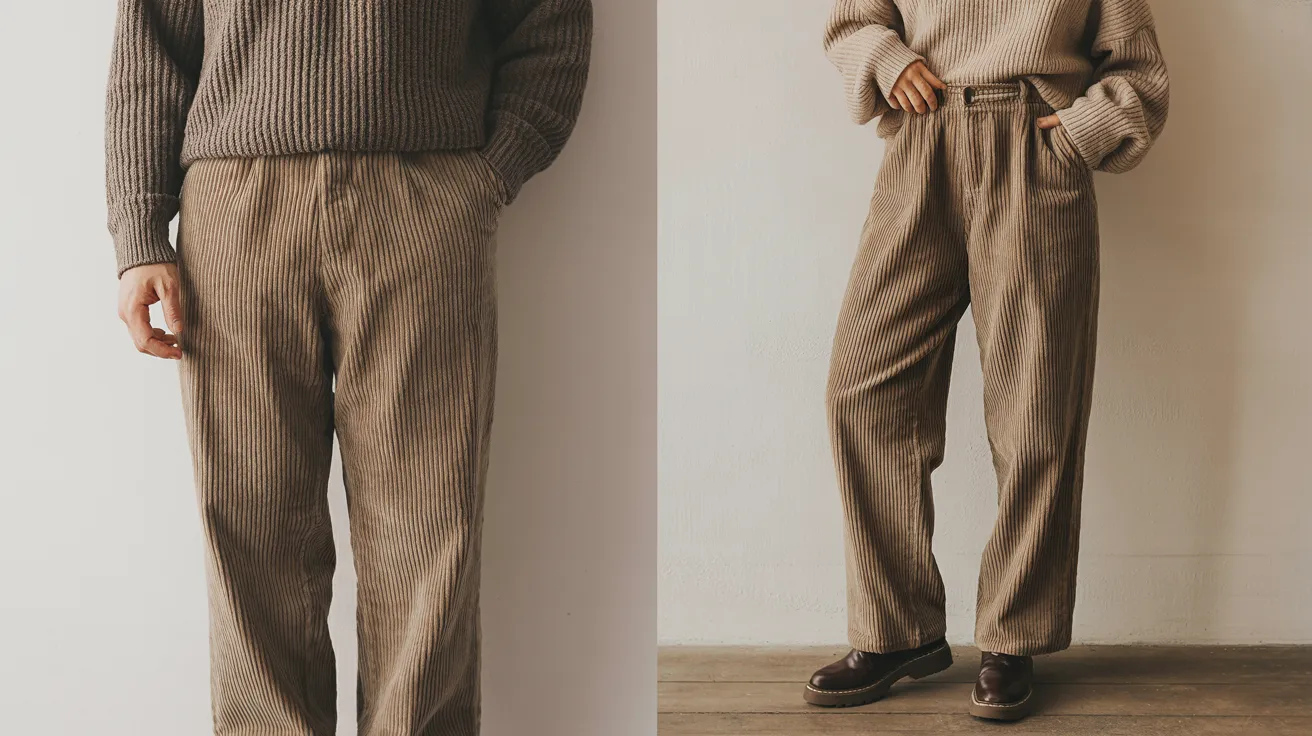  Two images depict a man and woman dressed in brown pants, showcasing their outfits in a friendly atmosphere.
