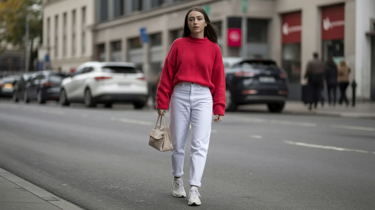 A woman in a red sweater and white pants walks down the street, surrounded by urban scenery.