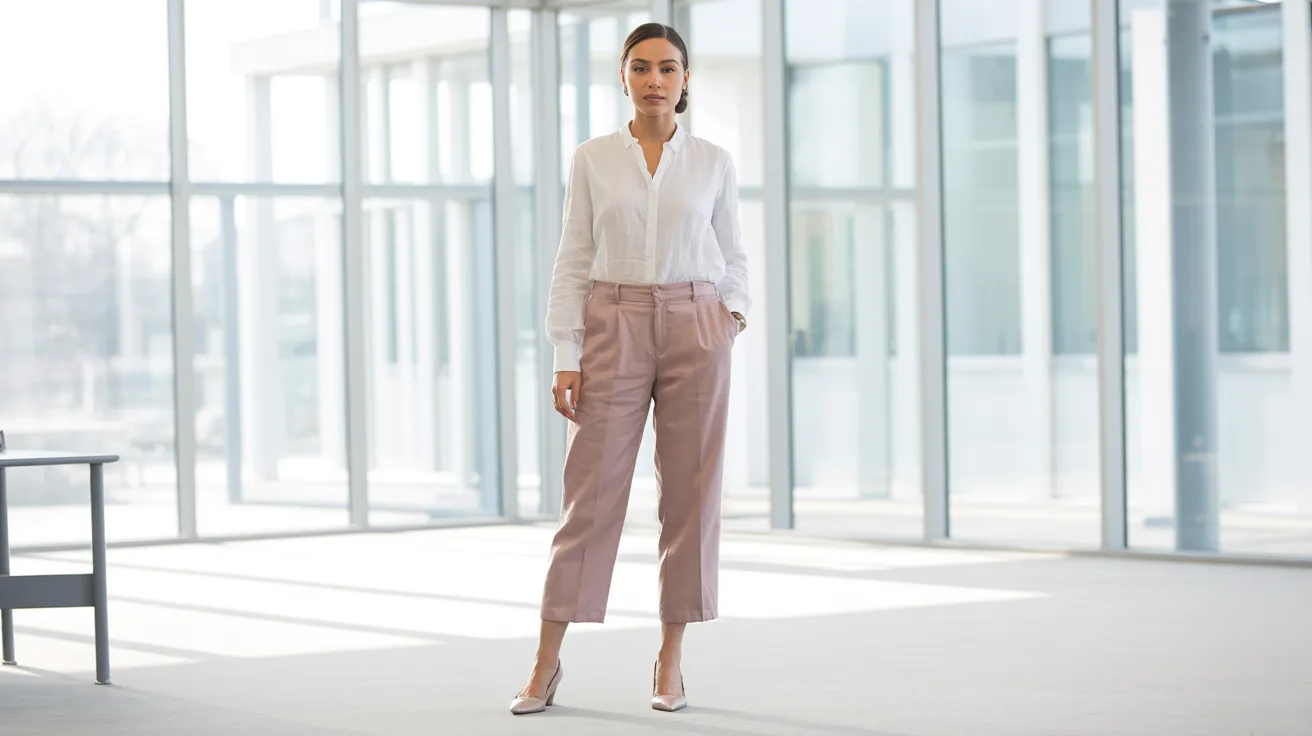  A woman in a white shirt and pink pants stands confidently in a modern office setting.