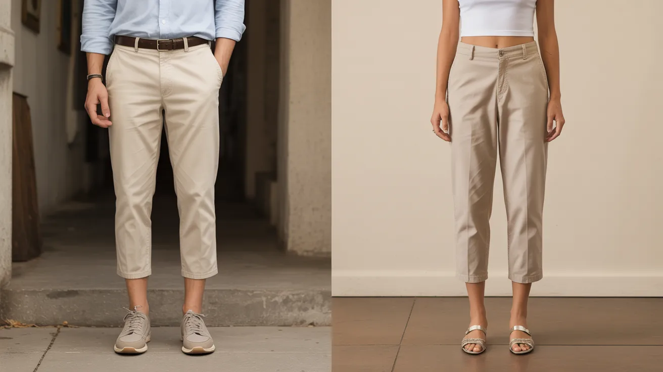  Two images of a man and woman dressed in beige pants, standing side by side in a casual outdoor setting.