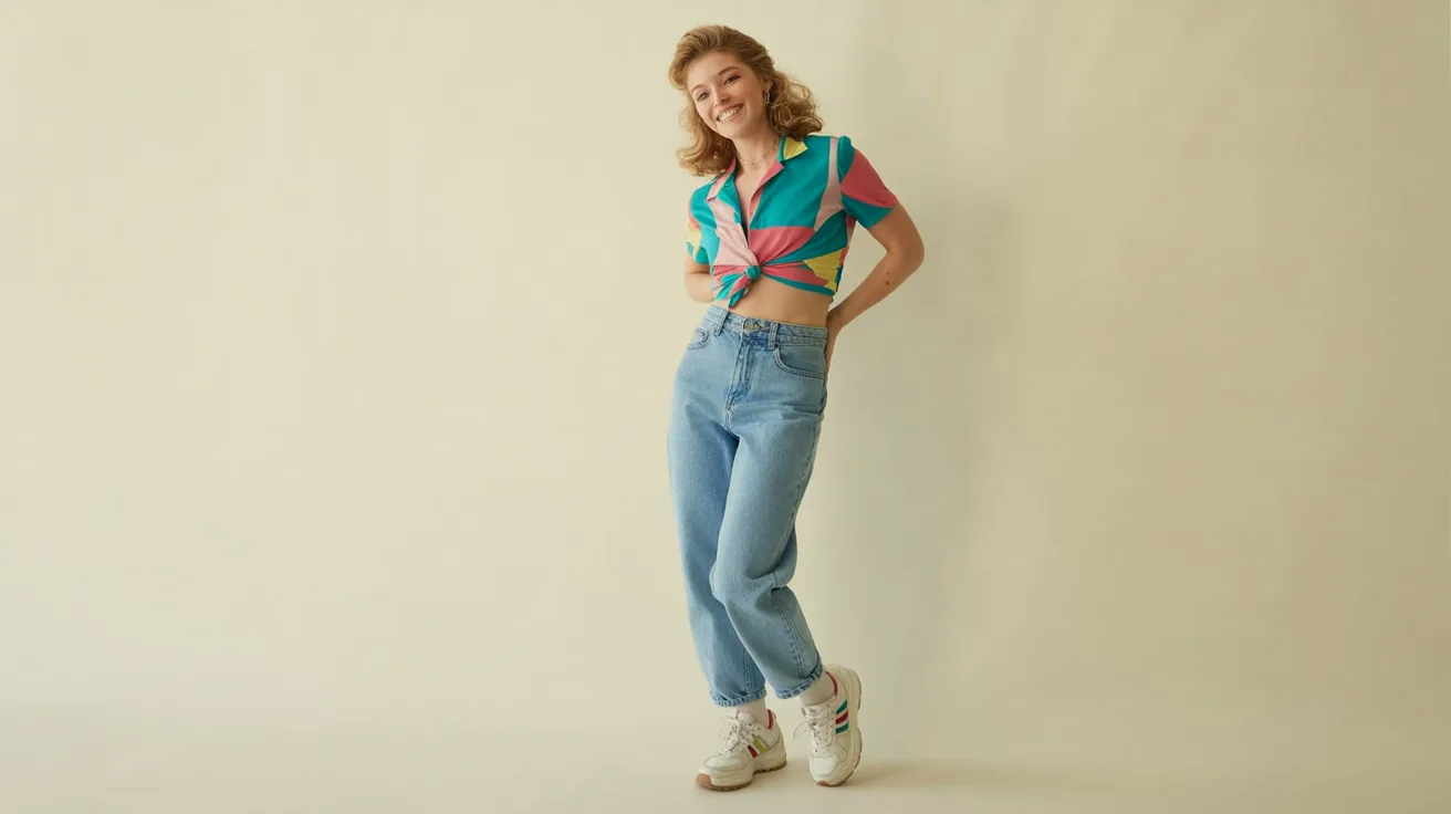  Woman in jeans and a top standing casually against a textured wall, looking confidently at the camera.
