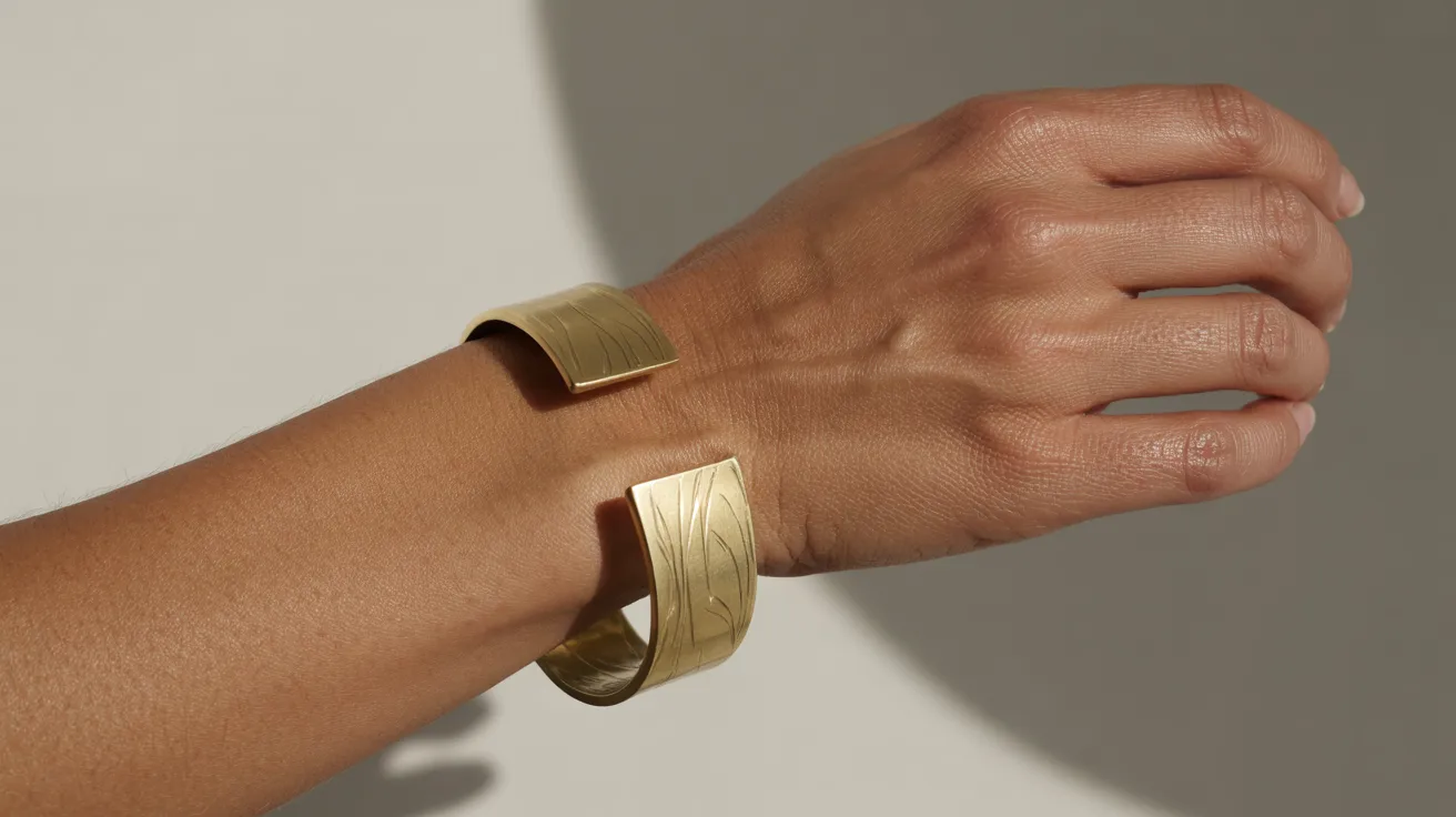 A woman displays a gold bracelet on her wrist, highlighting its shine and design.
