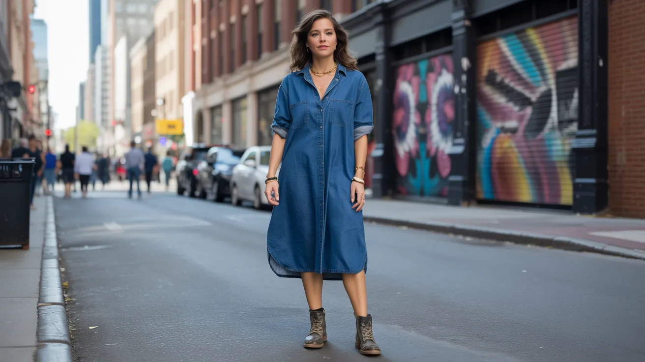 A woman in a blue shirt dress and boots stands confidently on a bustling city street.