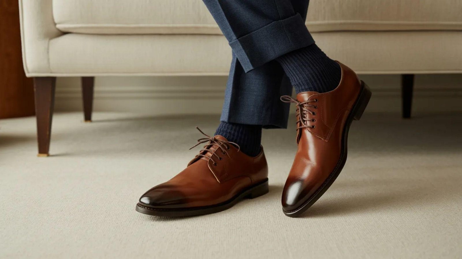 A man in a blue suit stands wearing brown shoes, presenting a professional appearance.