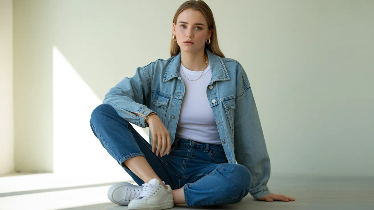A woman in a denim jacket and jeans sits on the floor, looking relaxed and casual.