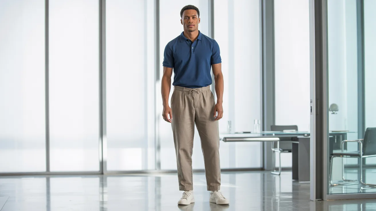  A man stands in an office with large windows, allowing natural light to fill the space.