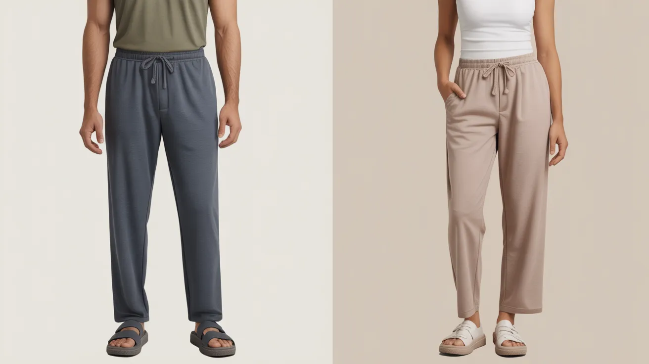  Two styles of pants displayed: one beige and the other gray, showcasing different colors and designs.