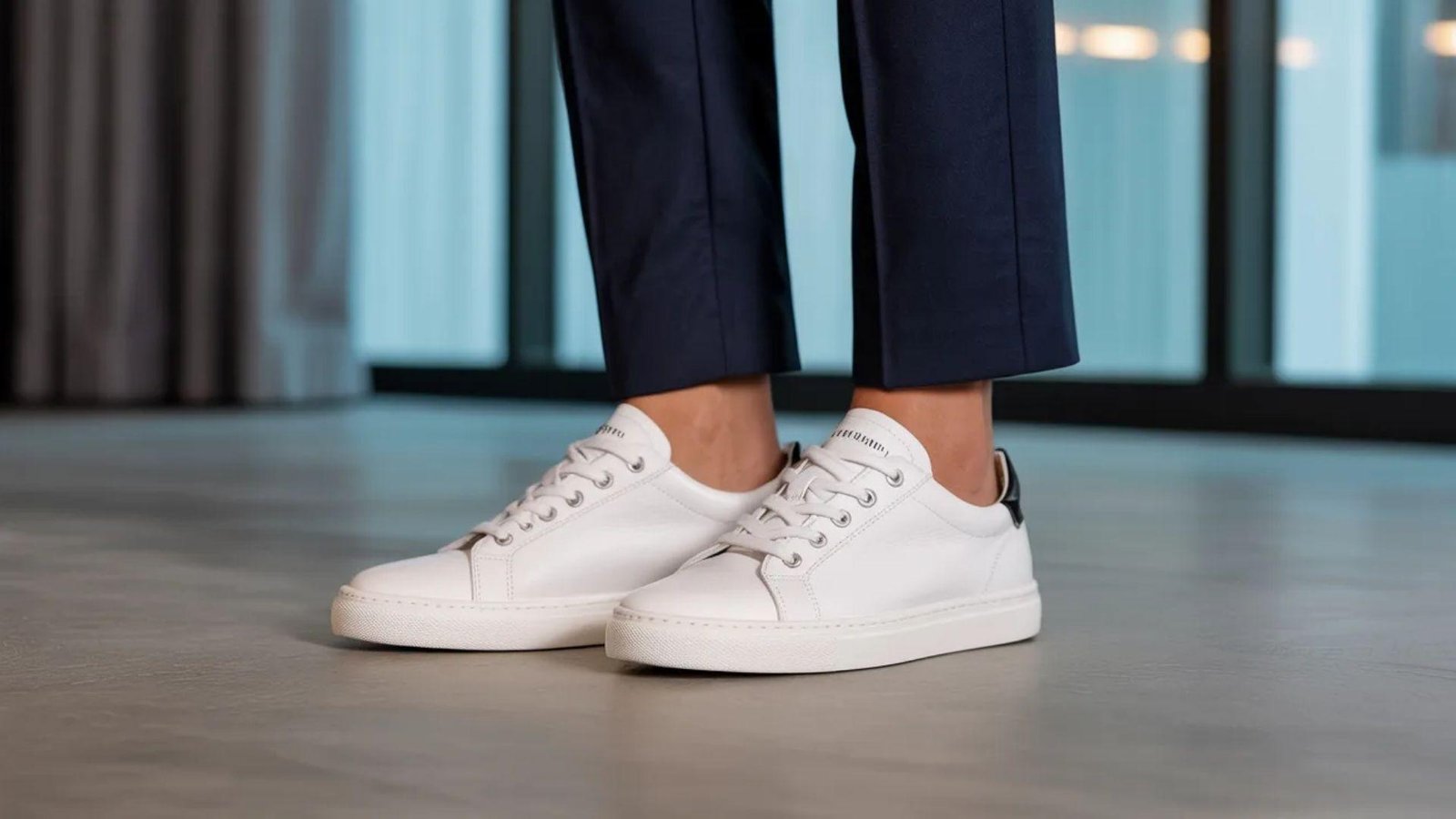 A woman stands wearing white sneakers and blue pants, showcasing a casual and stylish outfit.