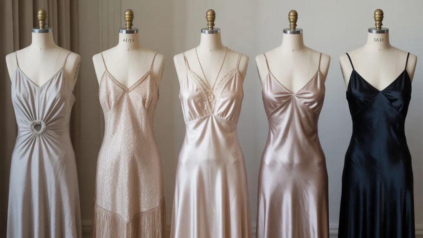 Five elegant satin slip dresses in neutral tones and black are displayed on vintage mannequins, showcasing intricate designs and a glossy finish.