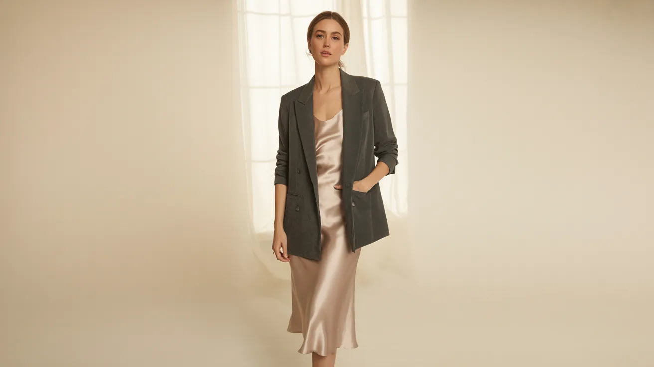 A woman stands confidently in a softly lit room, wearing a silky, light pink slip dress paired with a charcoal blazer. The mood is elegant and minimalistic.