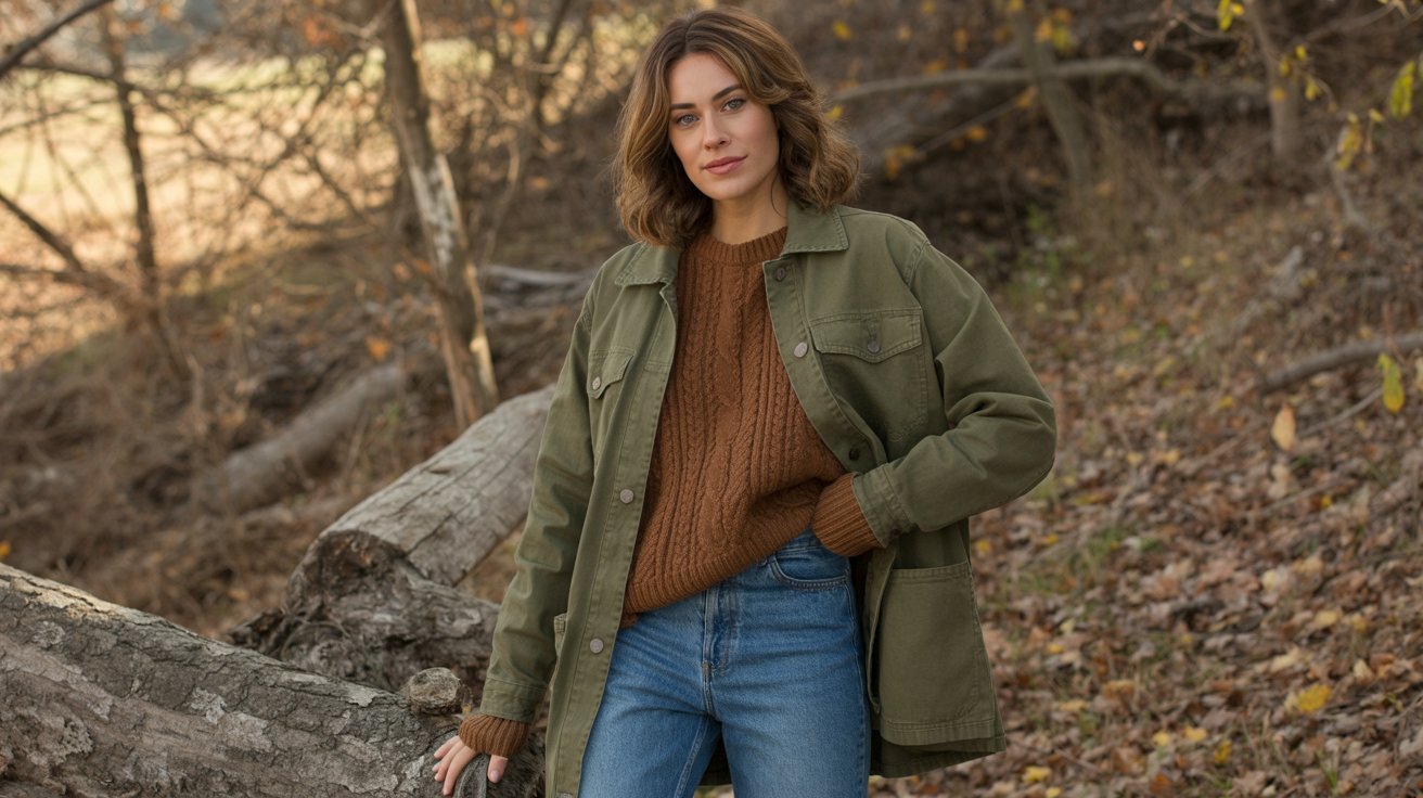 A woman in a green jacket and jeans stands among trees in a wooded area, surrounded by nature.