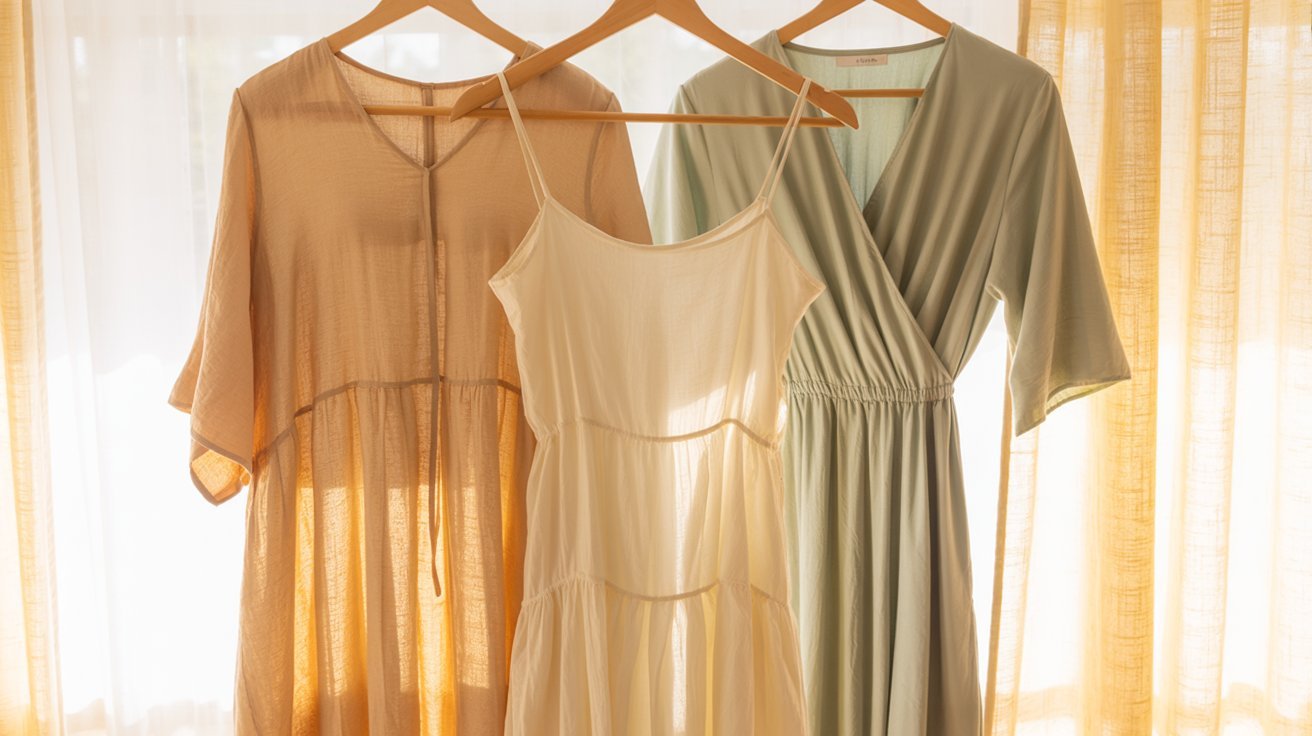 Three colorful dresses are neatly hanging on a wooden hanger against a plain background.