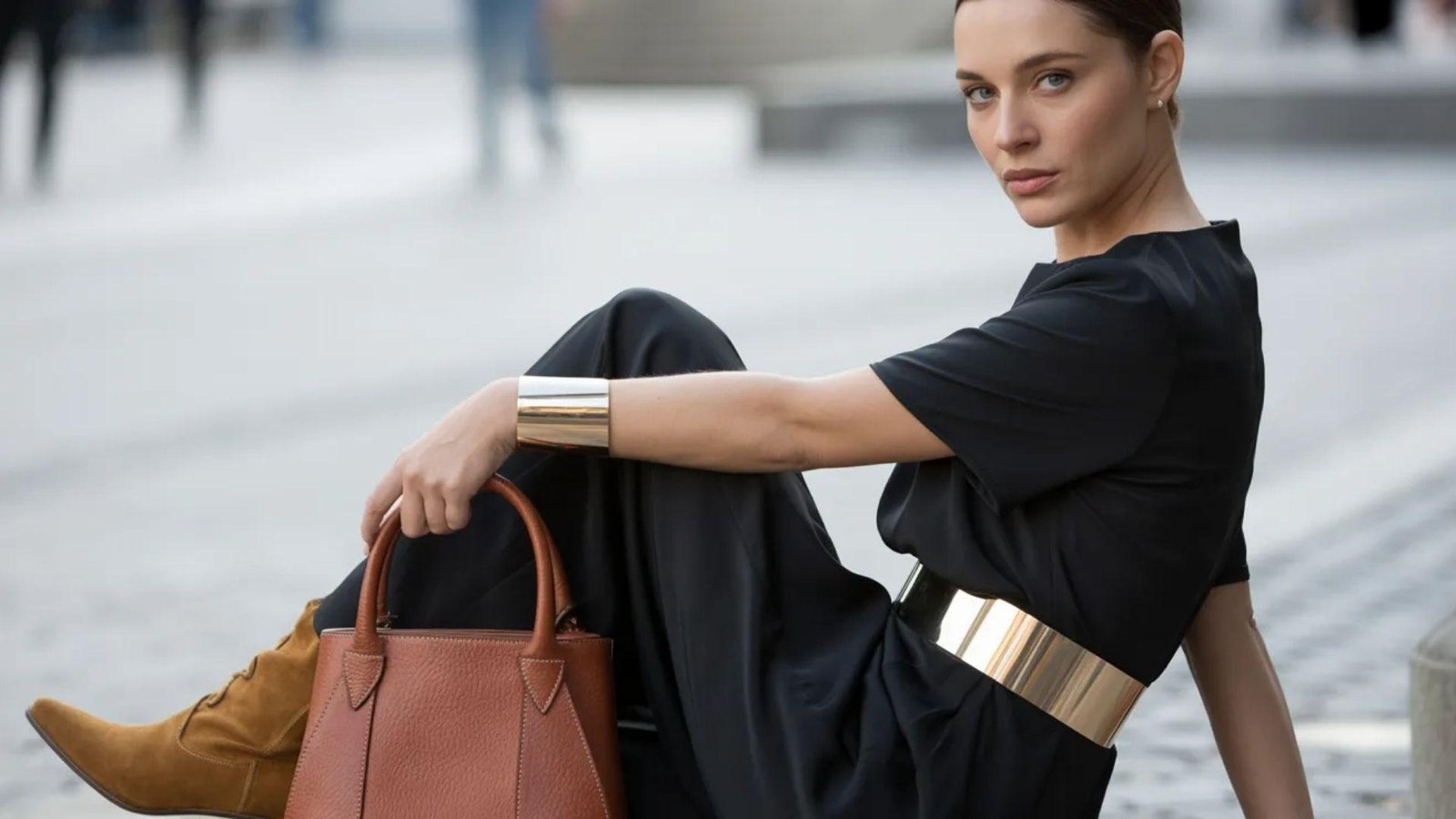 A woman sitting on the ground beside a brown bag, looking contemplative in a casual outdoor setting.