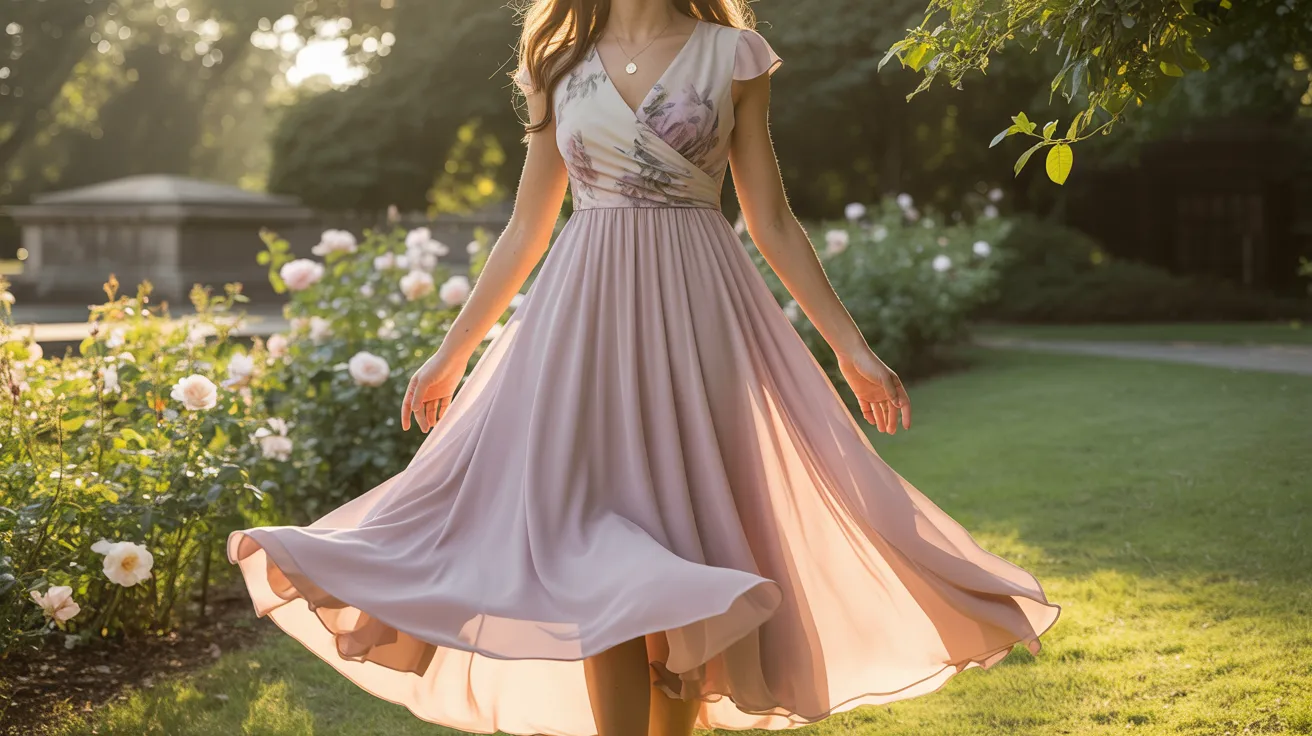A woman in a pink dress strolls through a park, surrounded by greenery and trees.