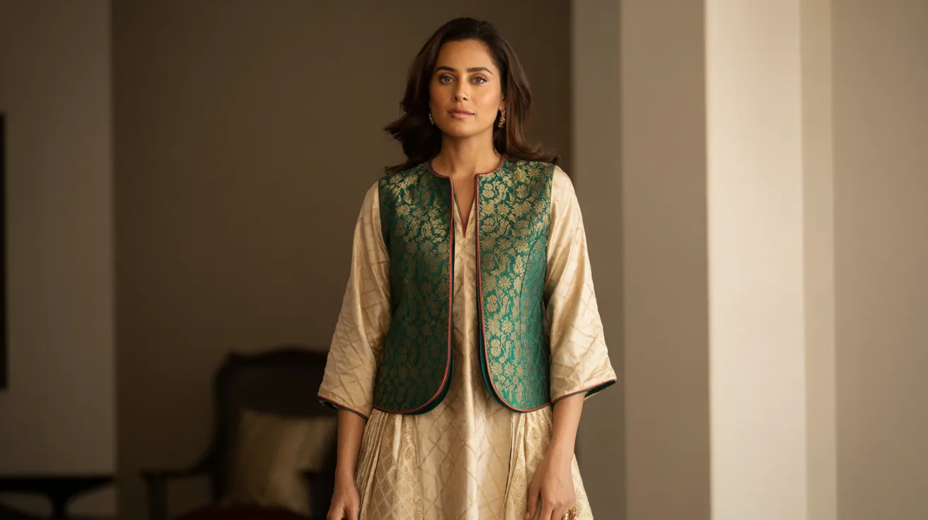 A woman dressed in a green and white kurta paired with a matching jacket, standing confidently.