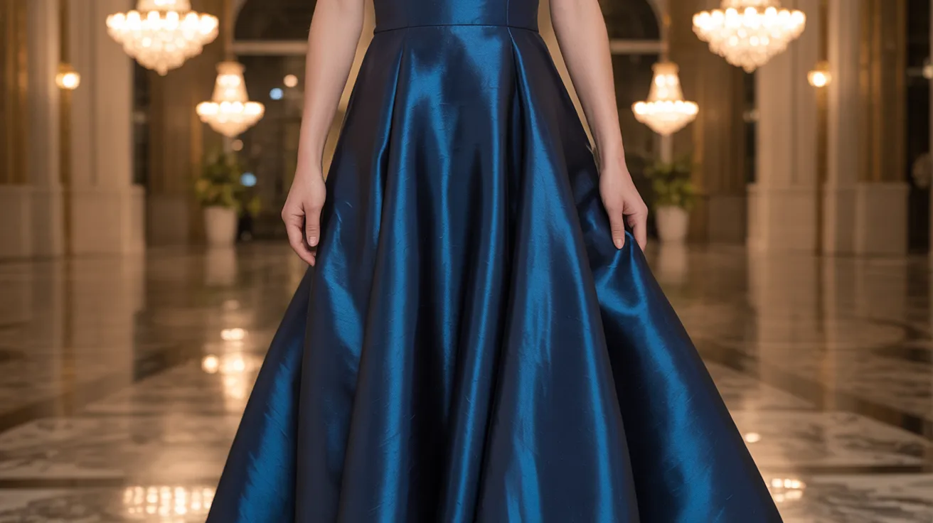 The image shows a blue gown with a strapless neckline and a high-necked skirt, perfect for evening events.