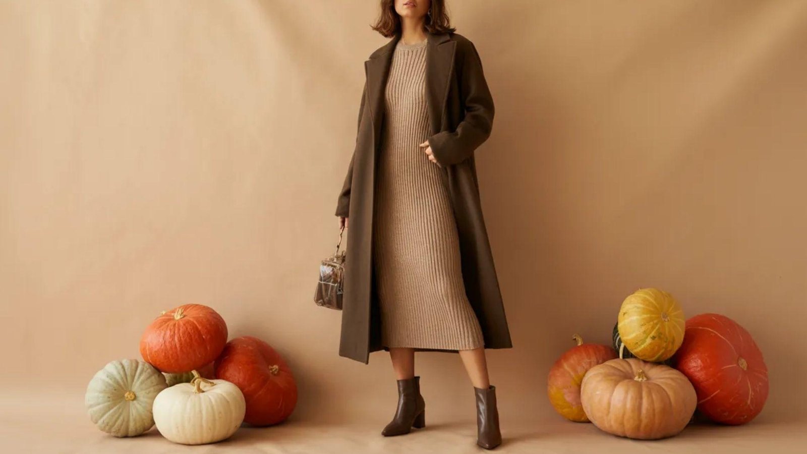 . A woman in a brown coat and dress stands beside a group of pumpkins in a fall setting.