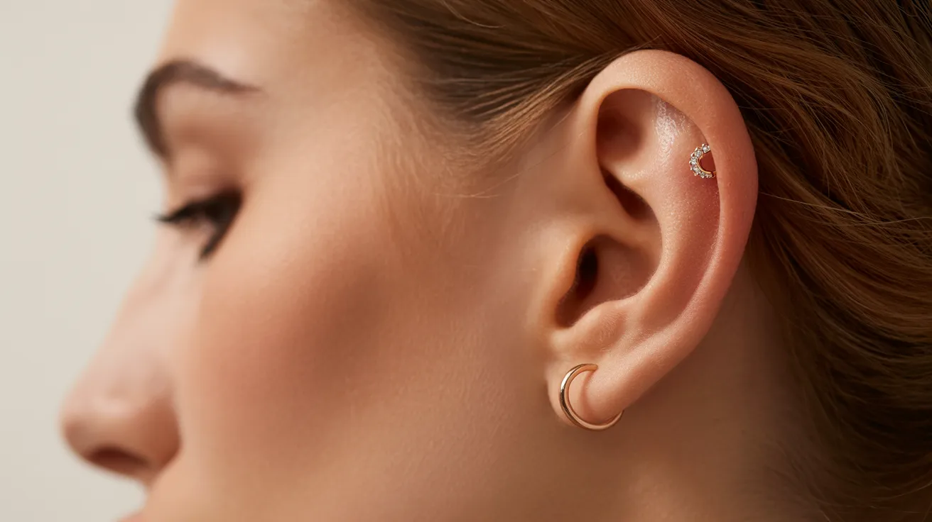 Close-up of a woman displaying a gold ear piercing, highlighting her fashionable accessory