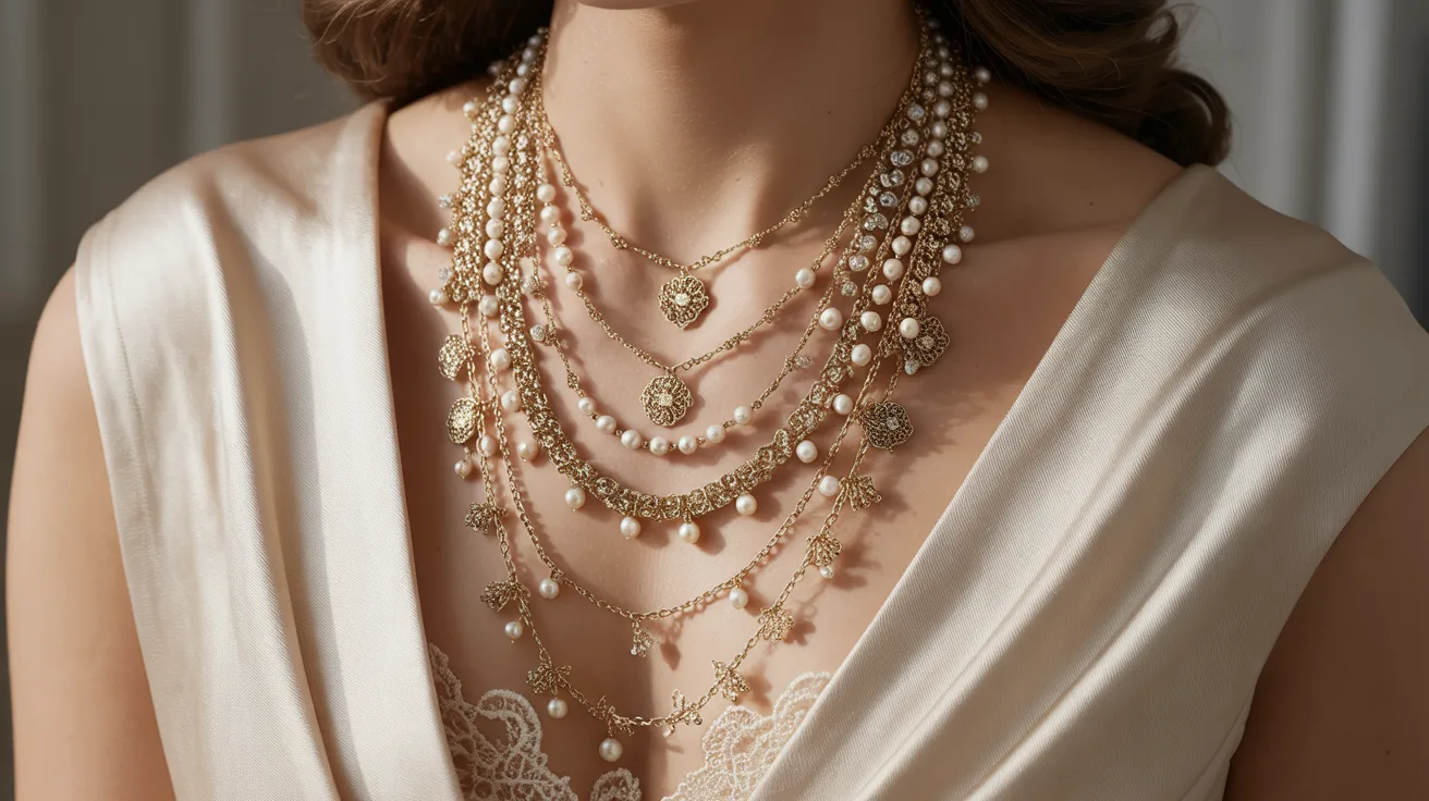 A woman in a white dress adorned with a pearl necklace, exuding elegance and sophistication.