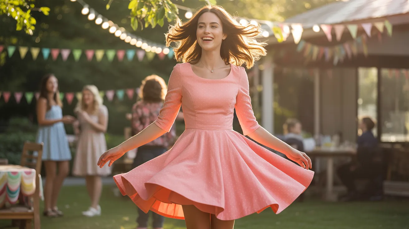 A woman in a pink dress joyfully dancing in a grassy yard under a clear blue sky.