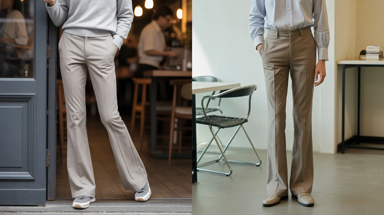 Two images of a woman modeling high rise pants in different styles and colors.