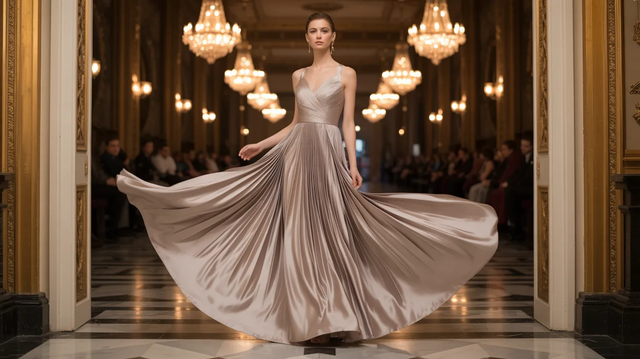 A model showcases a flowing long dress while walking confidently down the runway.