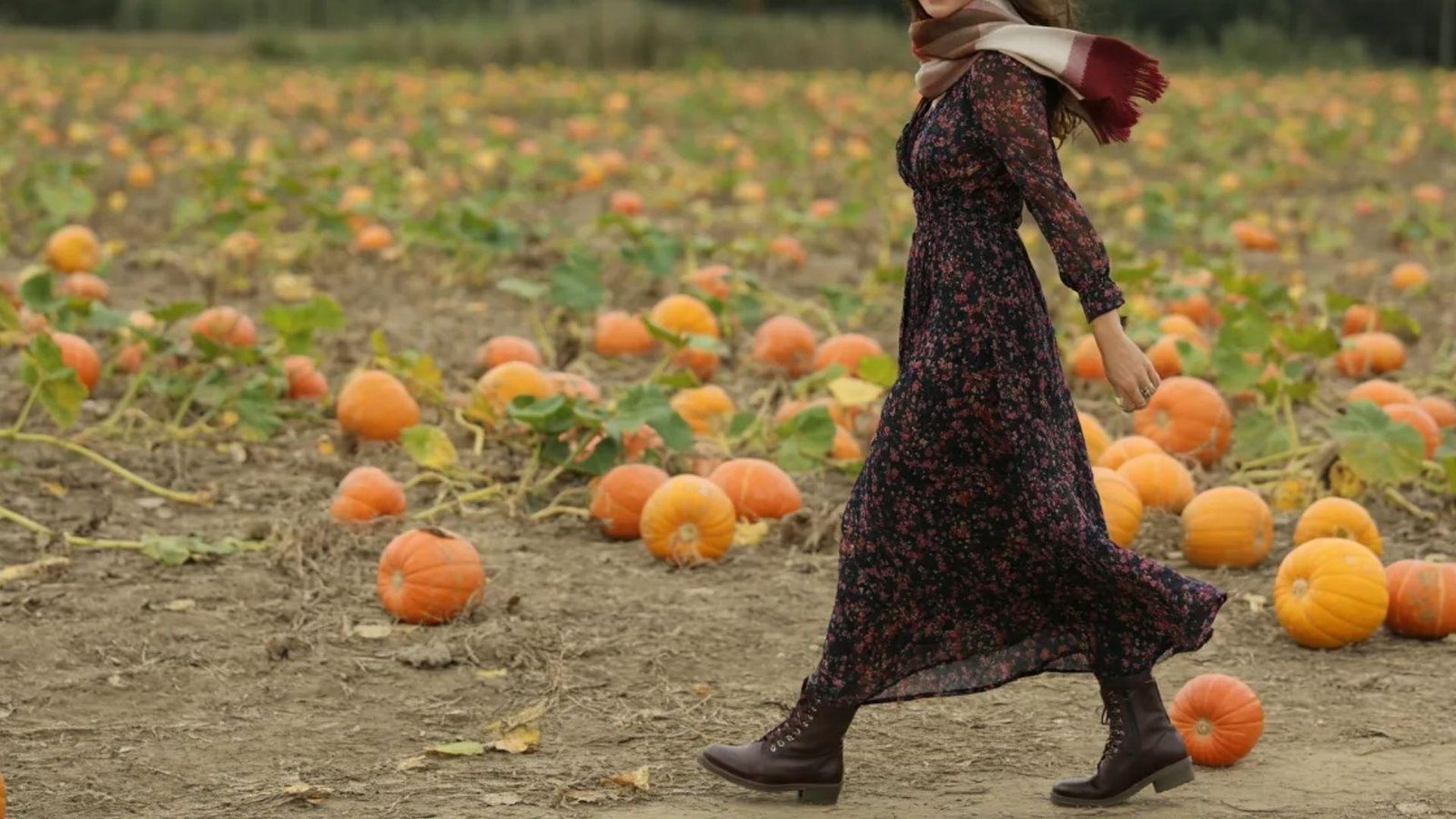 A woman in a dress strolls through a vibrant pumpkin patch, surrounded by various pumpkins and autumn foliage.