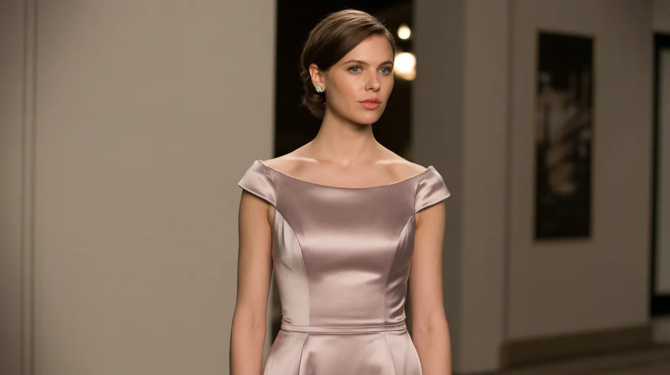 A woman wearing a pink dress strolls through a bright hallway.
