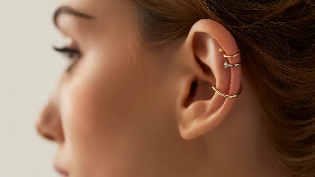 A woman showcases a stylish gold ear cuff, highlighting her unique fashion choice and personal style.