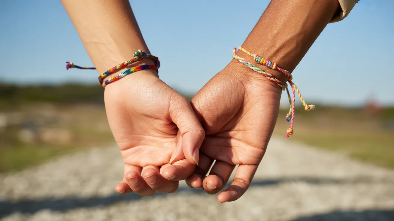Two people holding hands, adorned with vibrant, colorful bracelets, symbolizing friendship and connection.