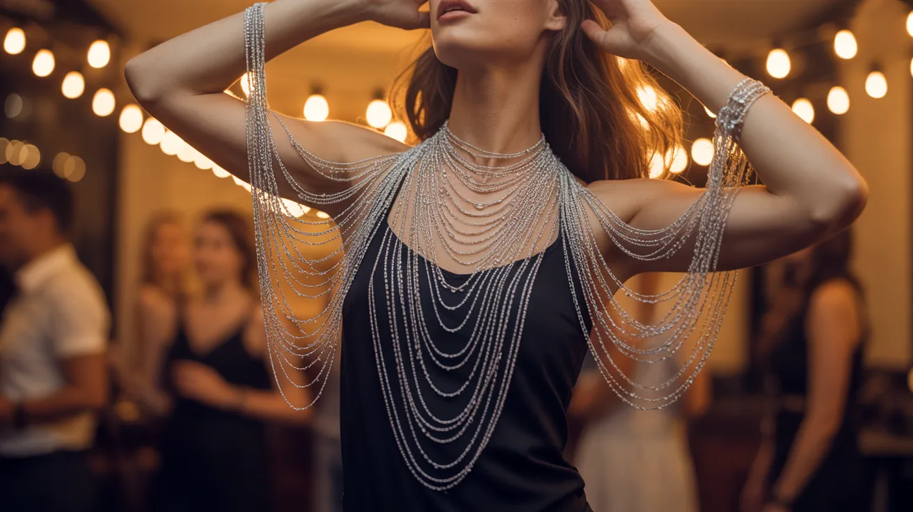 A woman in a black dress wearing a necklace, posing elegantly against a neutral background.