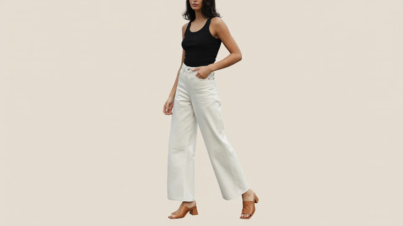 A woman wearing a black top and white pants stands confidently, showcasing a stylish and modern outfit.