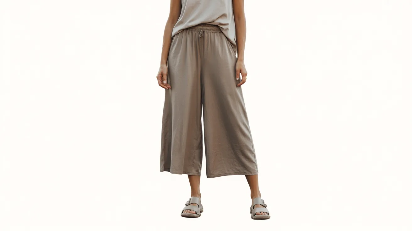  A model showcases a beige tank top paired with wide-leg pants, highlighting a casual yet stylish outfit.
