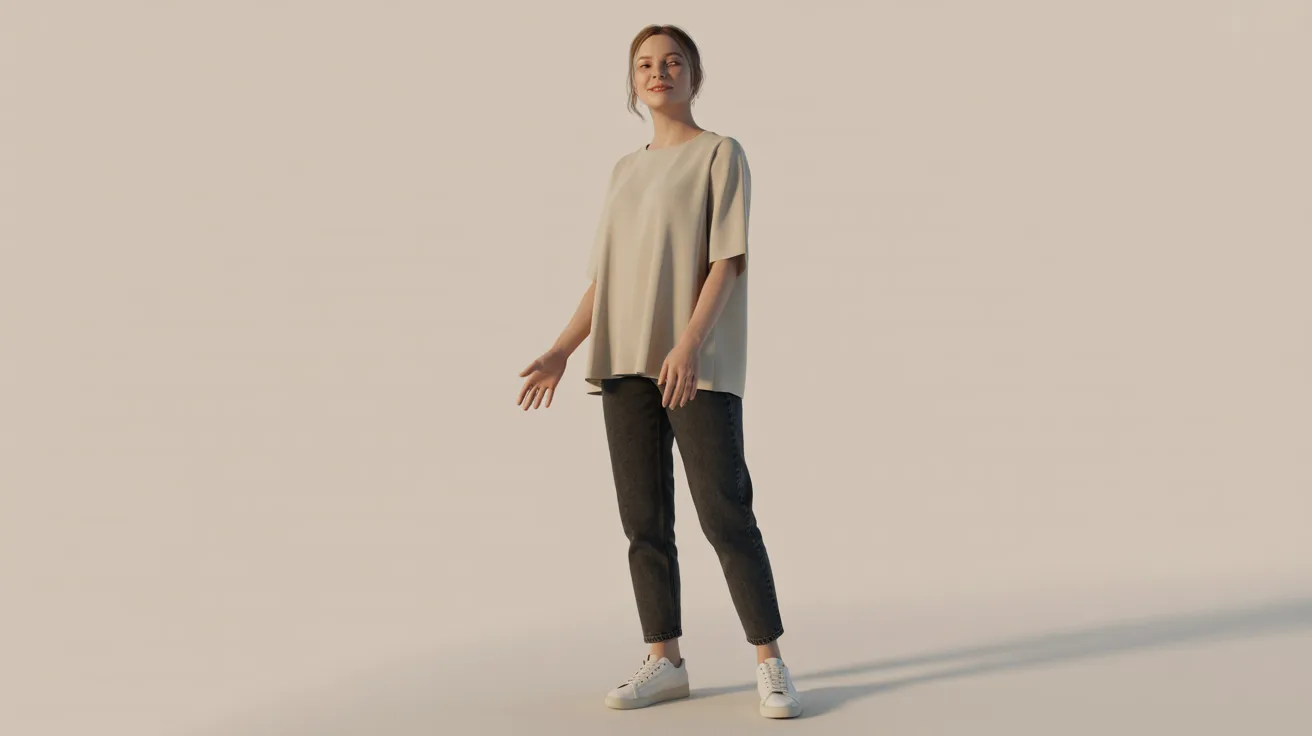 A woman wearing a t-shirt and jeans stands confidently, smiling at the camera.