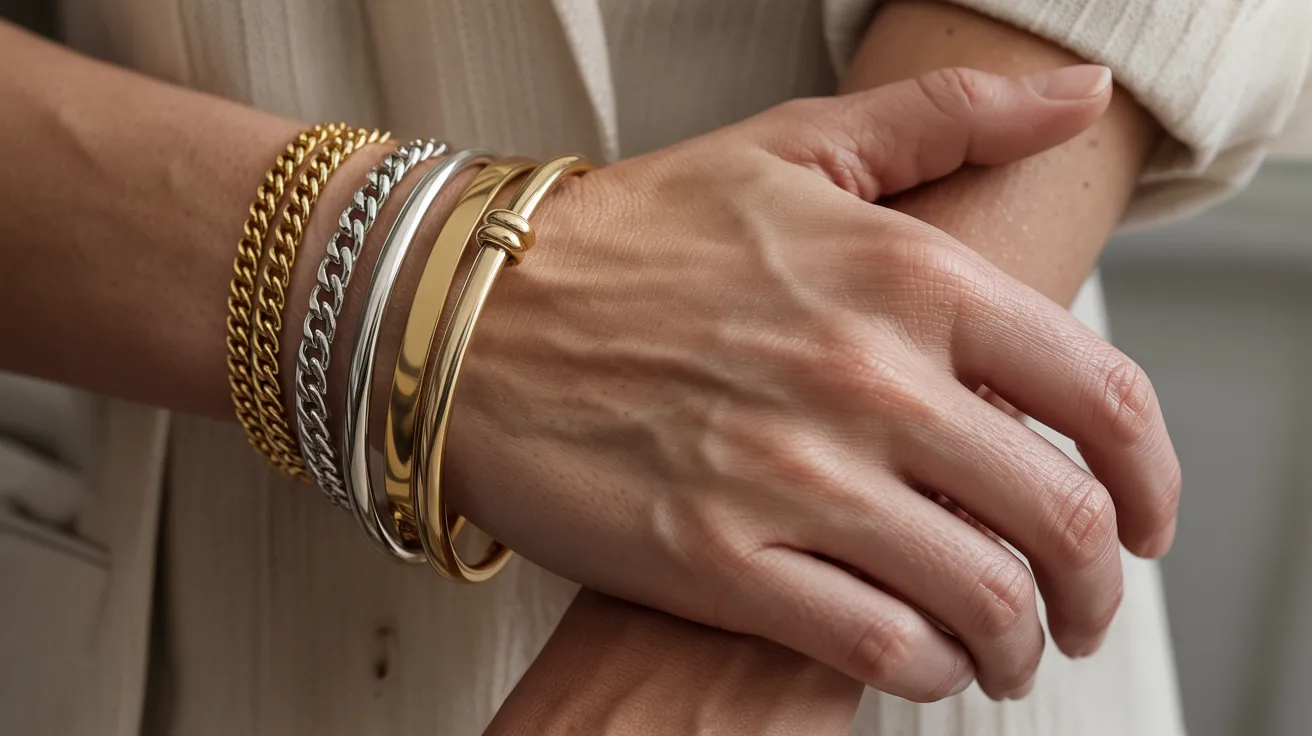 A woman's hands delicately hold two elegant gold bracelets, showcasing their intricate design and shine.
