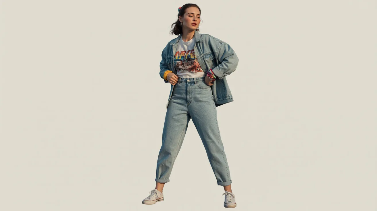 A woman wearing a denim jacket and jeans stands confidently, showcasing a casual and stylish outfit.
