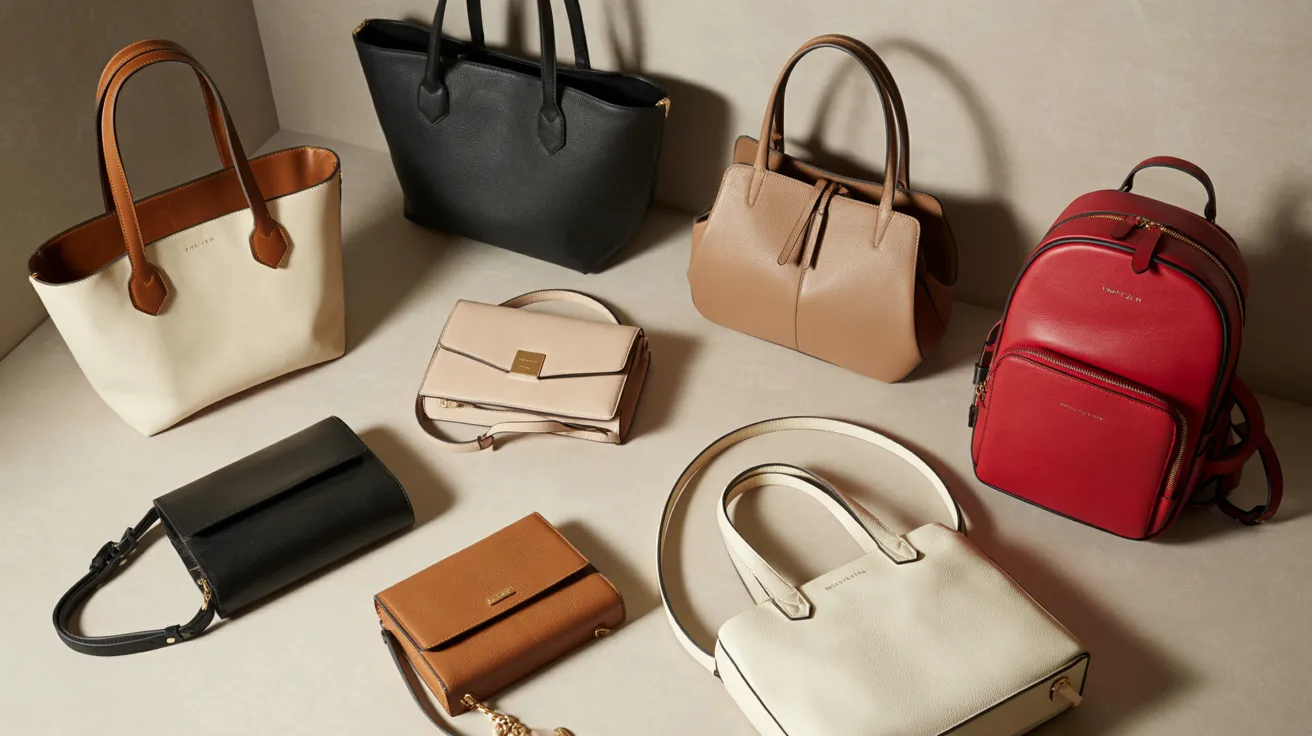 A variety of handbags and purses displayed on a table, showcasing different styles and colors.