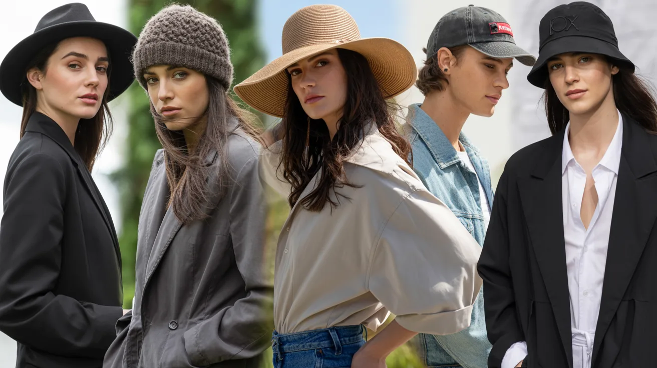 Four women in stylish hats and jackets stand together, smiling against a neutral background.