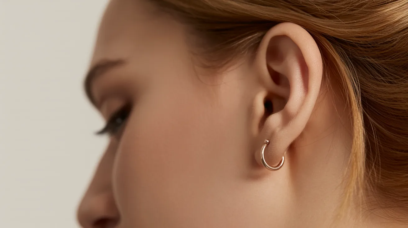 A woman wearing large hoop earrings, showcasing a stylish and elegant look.