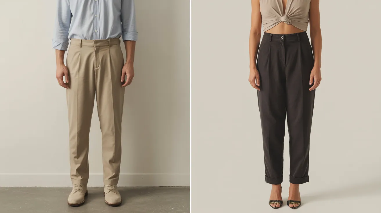 Two images of a man and woman dressed in casual pants, standing side by side in a neutral background.